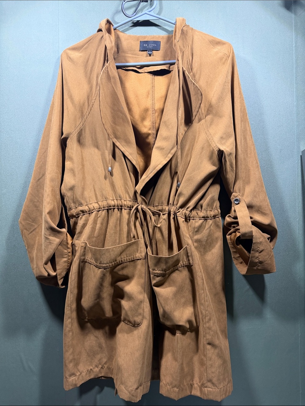 BE COOL Hooded Drawstring Trench Coat Women Large Camel Brown Good Relaxed Coat